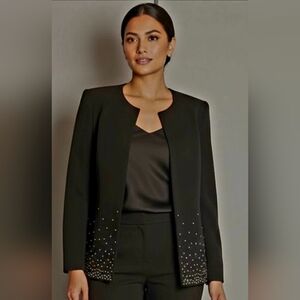 Kasper Jewel Neck Rhinestone Studded Open Front Blazer